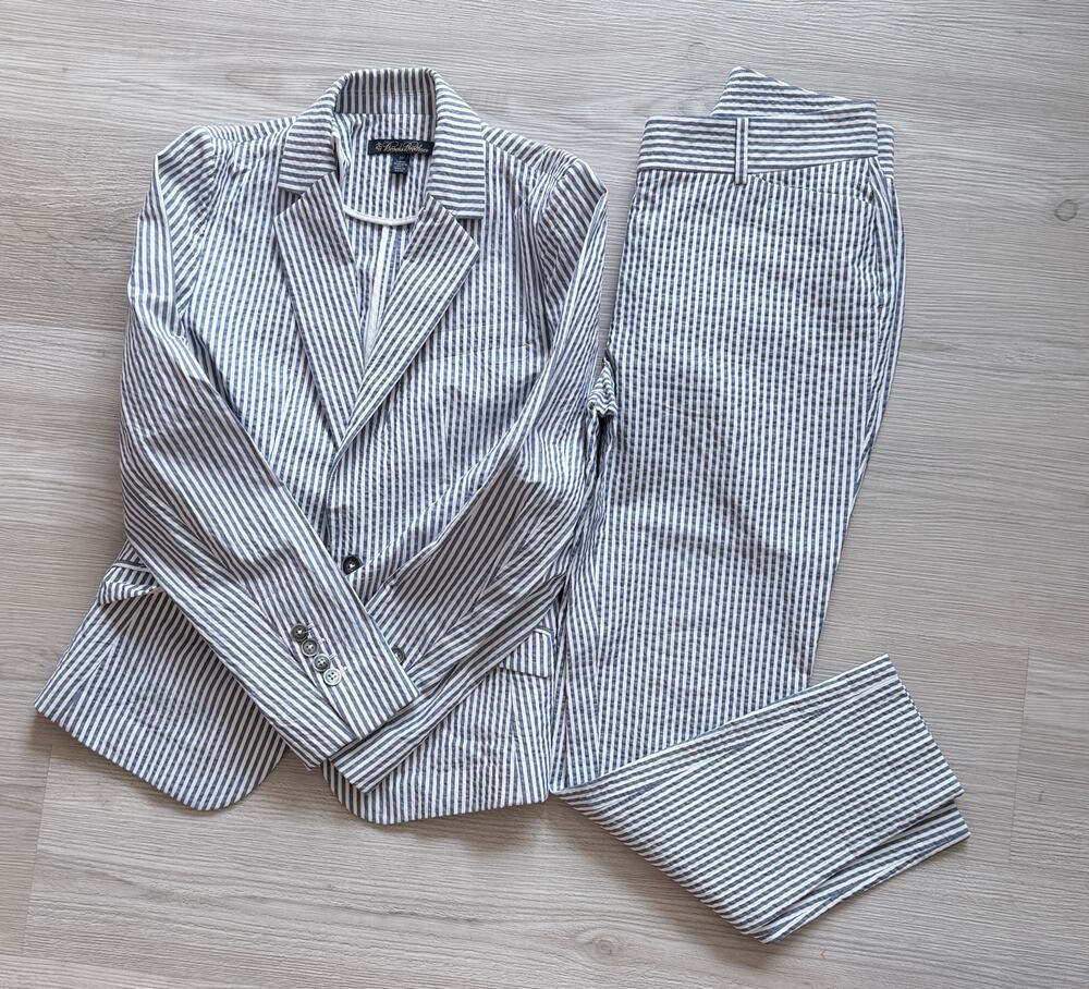 Brooks Brothers Women's Blue White Striped Pantsuit Blazer Pants Set Sz 2 Petite